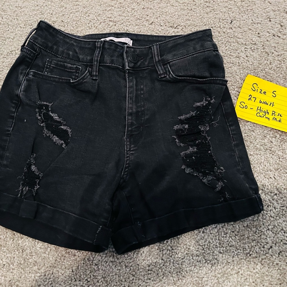 Black Distressed Denim Shorts High-Waisted 27”